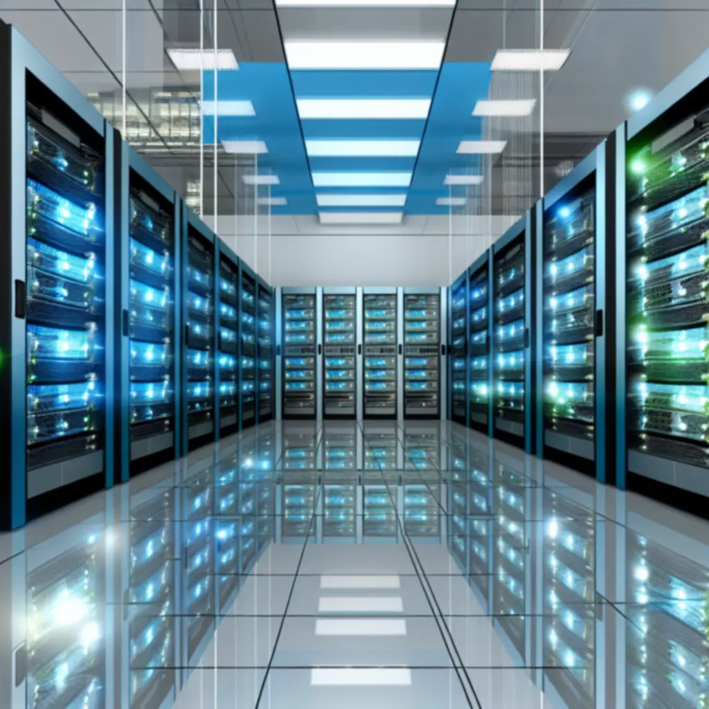 Modern illuminated server racks in a secure UK data centre